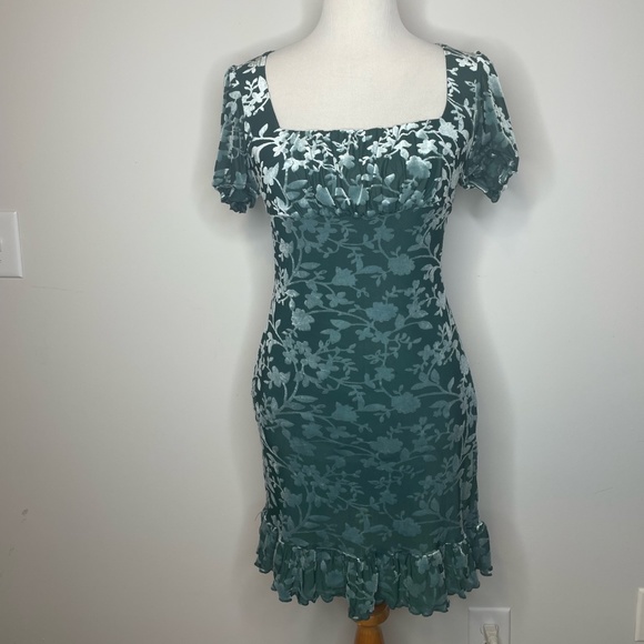 Forever 21 Dresses & Skirts - Forever 21- Green Velvet Dress with Raised Flowers